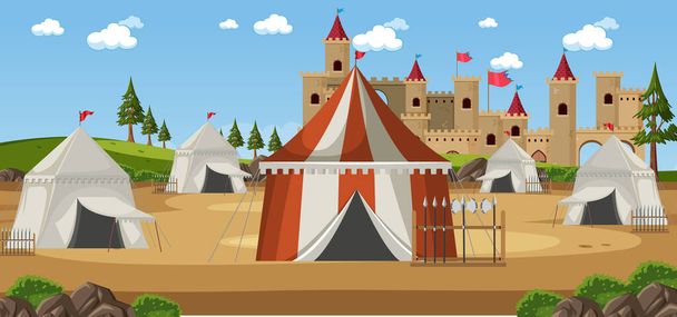 Vojenský středověký tábor se stany a zbraňovými ilustracemi - Vektor, obrázek
