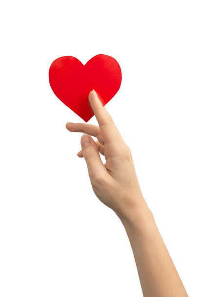 A szív és egészség világnapja koncepció. Kézfogás piros szív elszigetelt fehér háttérrel. Fénymásolási hely  - Fotó, kép