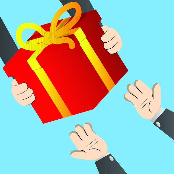 Gifting cartoon illustration. Giving gift box to another pair of hands. Flat concept of hand giving gift. - Вектор,изображение