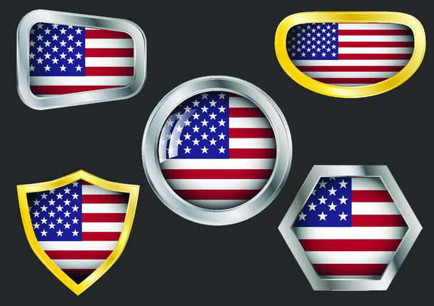 Zestaw stalowych i złotych odznak z flagą USA, ilustracja wektorowa - Wektor, obraz