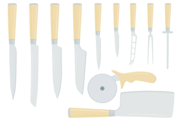 Illustration on theme big colored set different types knives different size for butcher. Knife pattern consisting of collection accessory to butcher in kitchen. Butcher with kitchen knives for meal. - Vektör, Görsel