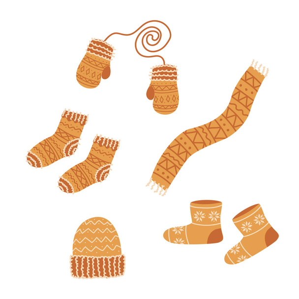 Ilustración de una bufanda, guantes, calcetines, botas de fieltro, sombrero. Cosas de punto de invierno. Ilustración vectorial de ropa de invierno. - Vector, imagen