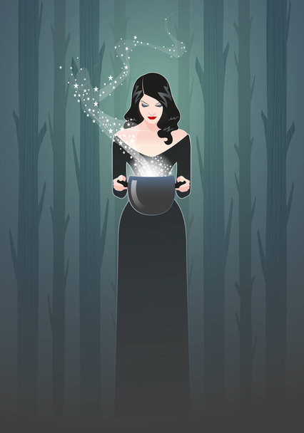 Hermosa mujer de estilo retro sosteniendo un caldero mágico. Bruja lanzando un hechizo en el bosque. Fondo de cuento de hadas - Vector, imagen