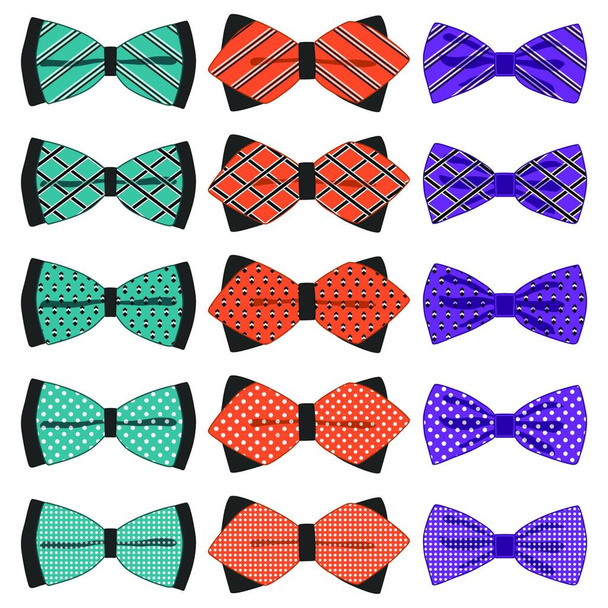 Illustration on theme big colored set ribbon different types, bow tie various size. Ribbon pattern consisting of collection textile garments bow tie for beauty. Bow tie is accessory fun man in ribbon. - Vektori, kuva