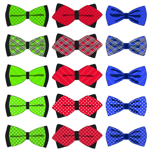 Illustration on theme big colored set ribbon different types, bow tie various size. Ribbon pattern consisting of collection textile garments bow tie for beauty. Bow tie is accessory fun man in ribbon. - Vektör, Görsel