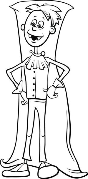 Black and White Cartoon Illustration of Boy in Vampire Dracula Costume at Halloween Party or Masked Ball Coloring Book Page - Vektor, Bild