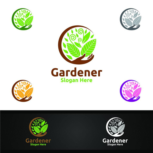 Gardener Care Logo with Green Garden Environment or Botanical Agriculture Vector Design Illustration - Vector, Image