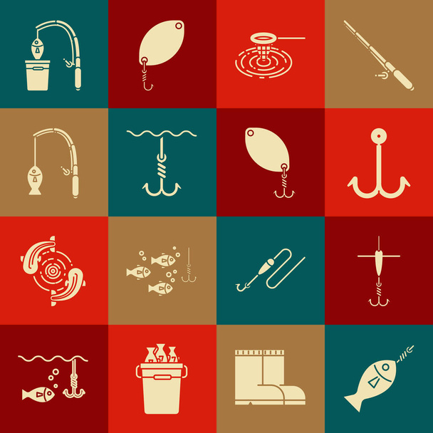 Set Fish on hook, Fishing and float, net water, under, rod fish,  and spoon icon. Vector - Vector, Image