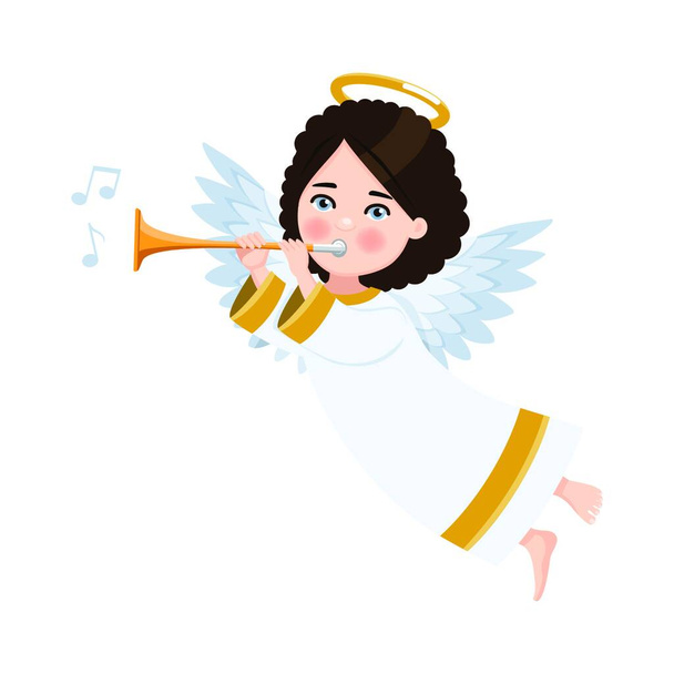 Angel playing the trumpet on white background. Isolated flat vector illustration - Vektor, Bild