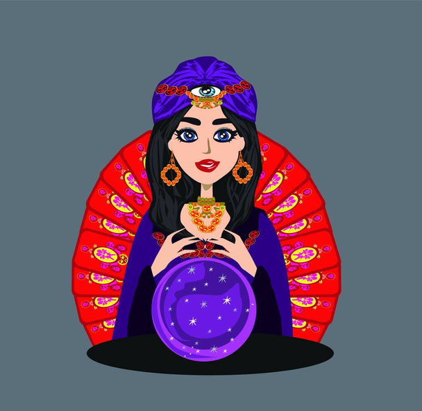 Fortune Teller Woman reads the future from the crystal ball and cards - Vektor, kép