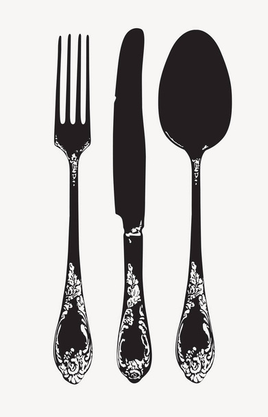 Black and white set of fork, spoon and knife in retro style. Vintage silverware or flatware vector illustration. Ornate silver or steel cutlery close-up on white background. Beautiful old tableware - Vektori, kuva