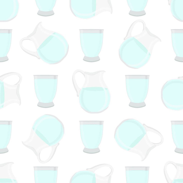 Illustration on theme colored set identical types glass jugs for drinking water. Water pattern consisting of collection kitchen accessory, same glass jugs to organic food. Tasty water in glass jugs. - ベクター画像