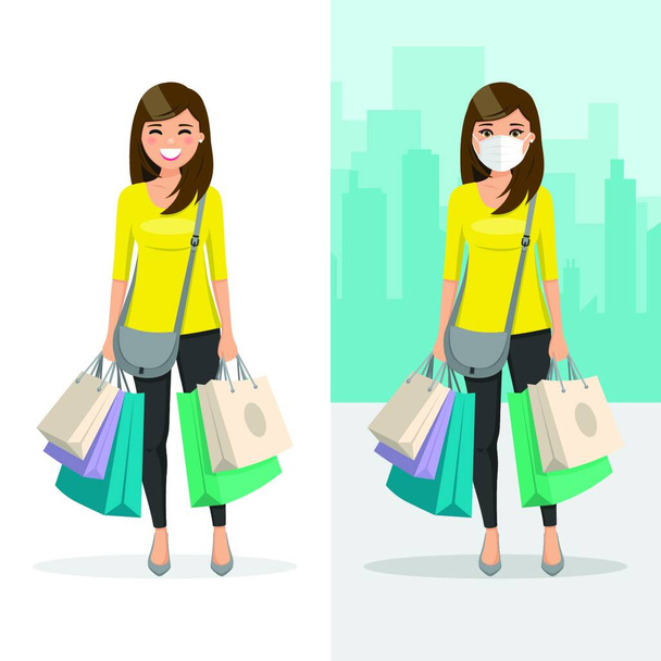 Brown and straight hair woman with many shopping bags with mask and without mask. People vector illustration - Vector, imagen