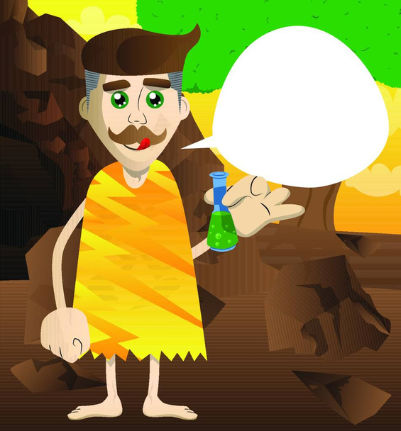 Cartoon prehistoric man holding a test tube. Vector illustration of a man from the stone age. - ベクター画像