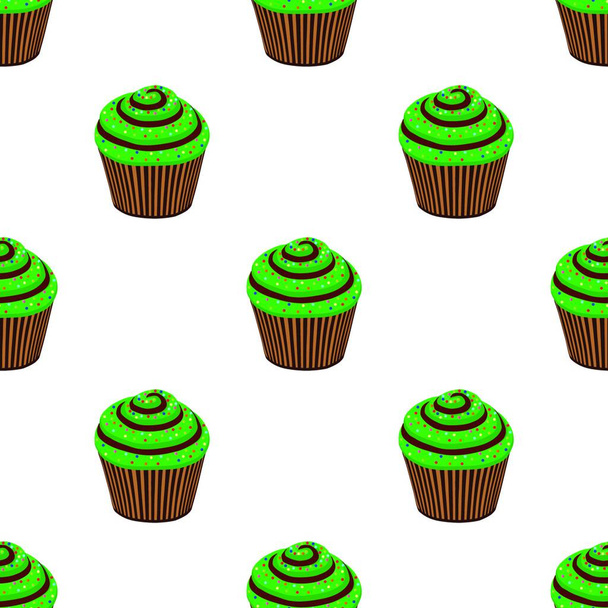 Illustration on theme Irish holiday St Patrick day, seamless green muffins. Pattern St Patrick day consisting of many identical muffins on white background. Muffins it main accessory St Patrick day. - Vector, Imagen