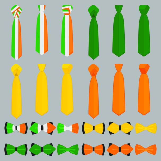 Illustration zum Thema irischer Feiertag St. Patrick Day, große Fliege in Farbe. Muster St. Patrick Day, bestehend aus vielen verschiedenen Fliege auf hellem Hintergrund. Fliege ist das wichtigste Accessoire für den St. Patrick Day - Vektor, Bild