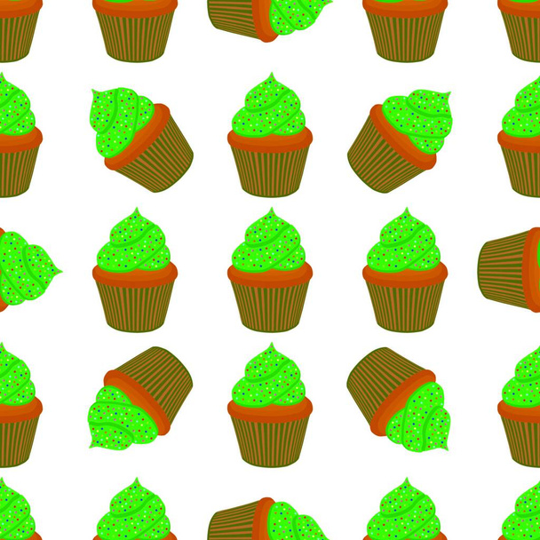 Illustration on theme Irish holiday St Patrick day, seamless green muffins. Pattern St Patrick day consisting of many identical muffins on white background. Muffins it main accessory St Patrick day. - Вектор, зображення