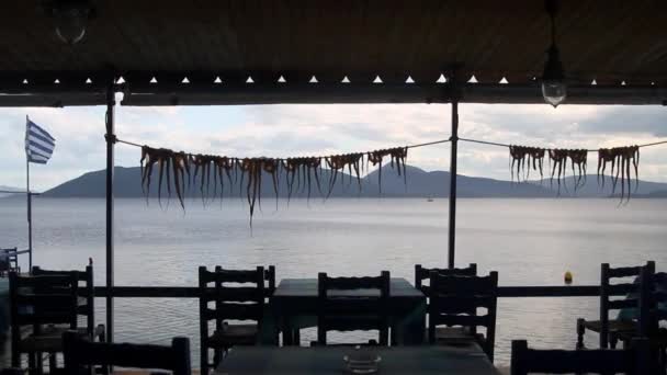 Octopus krijgen van droge in Griekse taverna in de buurt van de zee - Video