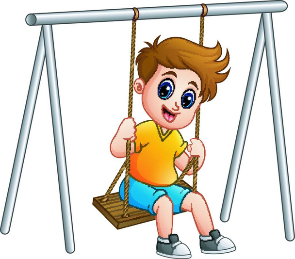 Vector illustration of Cute boy playing on swing - Vektör, Görsel