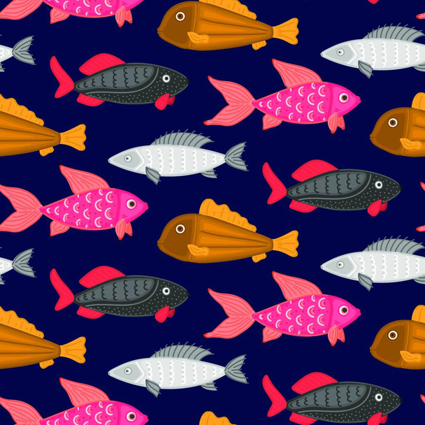 Vector seamless pattern with colorful abstract fish. Undersea world. Aquarium. Wrapping paper, package, wallpaper, poster, clothing and other textile in a pet store, fishing gear shop or aquapark - Vektor, Bild