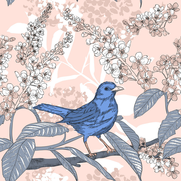 Seamless pattern with forest bird on branch - Vector, afbeelding