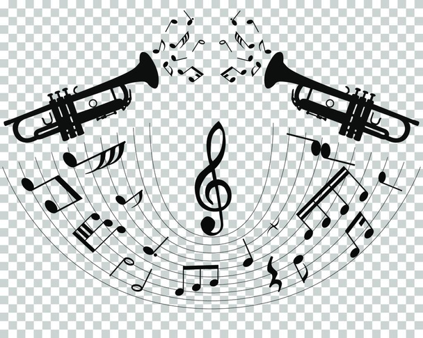 Abstract music background with different notes and wind instruments with transparency grid on back. Vector Illustration. - Διάνυσμα, εικόνα