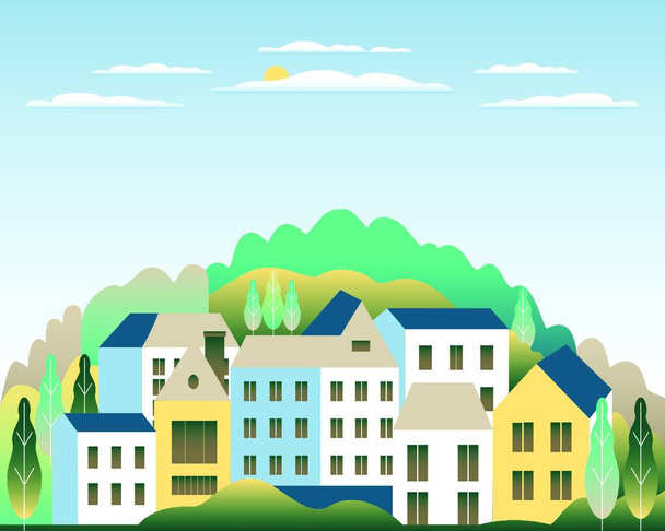 Rural valley Farm countryside. Village landscape with ranch in flat style design. Landscape with house farm family, barn, building, hills, tree, mountains, background cartoon vector illustration - Vector, Imagen