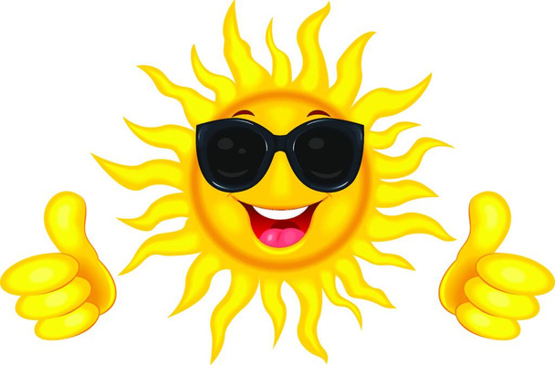 A merry cartoon sun in protective glasses from the sun. A cheerful cartoon sun on a white background. Smiling sun and hands with a finger raised up... - Vettoriali, immagini