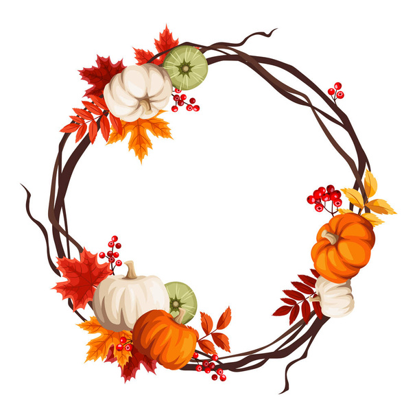 Autumn wreath border with pumpkins, colorful autumn leaves, and rowanberries. Vector greeting card or background frame. - ベクター画像