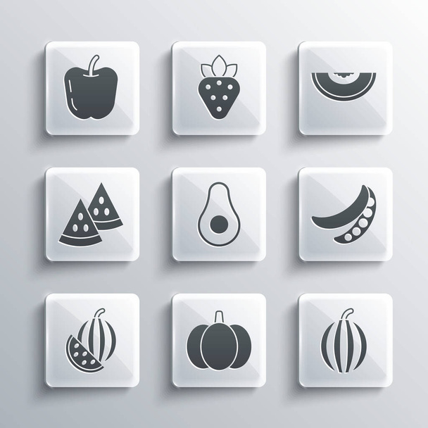 Set Pumpkin, Watermelon, Green peas, Avocado fruit, Apple and Melon icon. Vector - Vector, Image