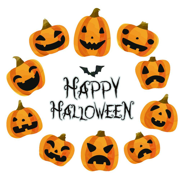 Halloween pumpkins (jack-o-lantern) with different facial expressions - Вектор,изображение