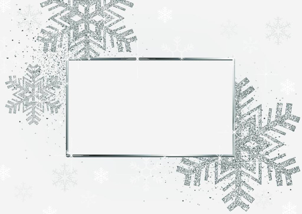 Silver Xmas Background with Silver Frame and Silver Glittering Snowflakes on White Background with Silver Glitters - Abstract Festive Illustration, Vector - Vektori, kuva