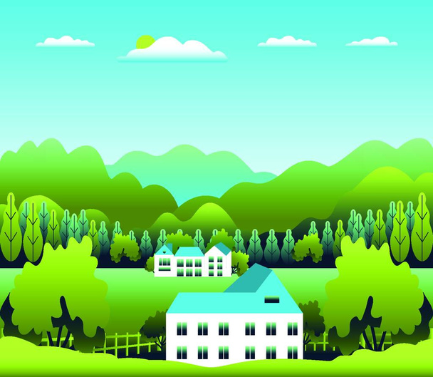 Hills and mountains landscape, house farm in flat style design. Outdoor panorama countryside illustration. Green field, tree, forest, blue sky and sun. Rural location, cartoon vector background - Vector, imagen