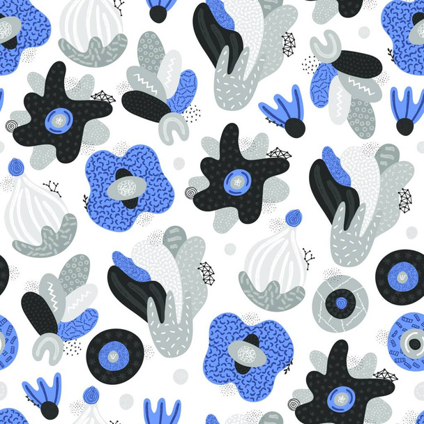 Vector seamless pattern. Abstract hand drawn flowers with different textures. Floral composition. Freehand style. Artistic design for wallpaper, textiles, wrapping, card, print on clothes, packaging - Vektor, obrázek