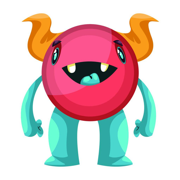 Cute red  cartoon monster with blue legs and yellow horns white background vector illustration. - Vecteur, image