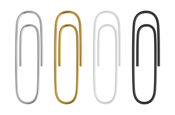 Realistic metal vector paper clips set. Golden, steel, white and black clips. - Vector, Image
