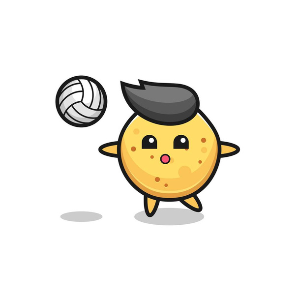 Personaje de dibujos animados de patatas fritas está jugando voleibol, lindo diseño - Vector, imagen
