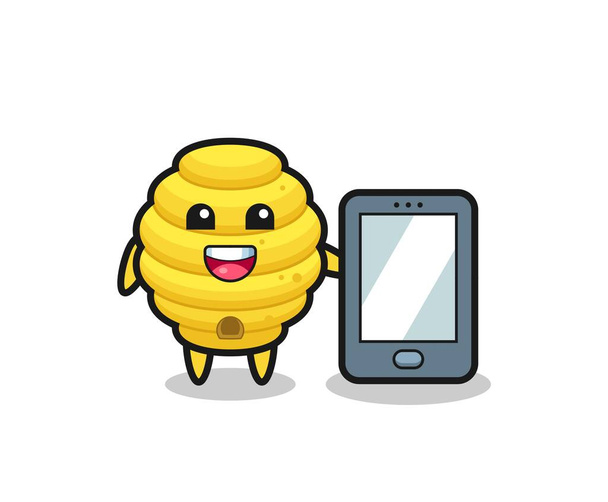 Arı kovanı çizim karikatürü elinde akıllı bir telefon, şirin bir tasarım - Vektör, Görsel