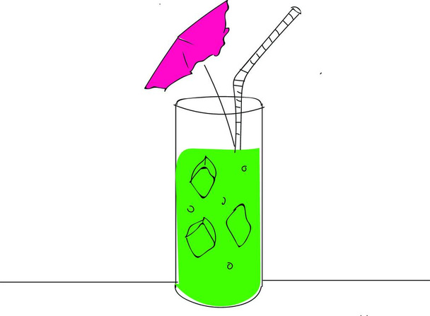 Green cocktail with pink umbrella and white straw  vector illustration on white background - Vetor, Imagem