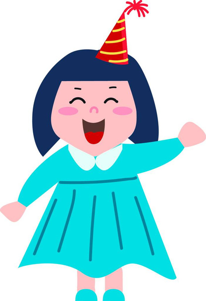 A happy girl dressed in blue with a red and yellow cone-shaped hat vector color drawing or illustration - ベクター画像