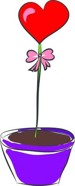 A heart-shaped balloon with a pink-colored bow growing out of the violet colored flower pot vector color drawing or illustration - Vecteur, image