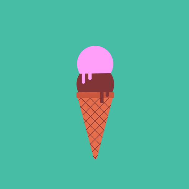 A cone of chocolate ice-cream with double scoop of chocolate and strawberry vector color drawing or illustration - Vektör, Görsel