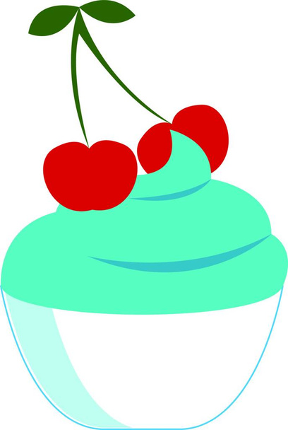 A small cup of blue ice cream with two berries on its top vector color drawing or illustration - Вектор,изображение
