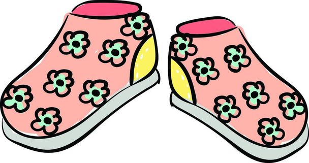 A pair of babys shoes peach in color printed with white polka designs over yellow background and beautiful blue-colored floral designs with a white sole  vector  color drawing or illustration - Vetor, Imagem