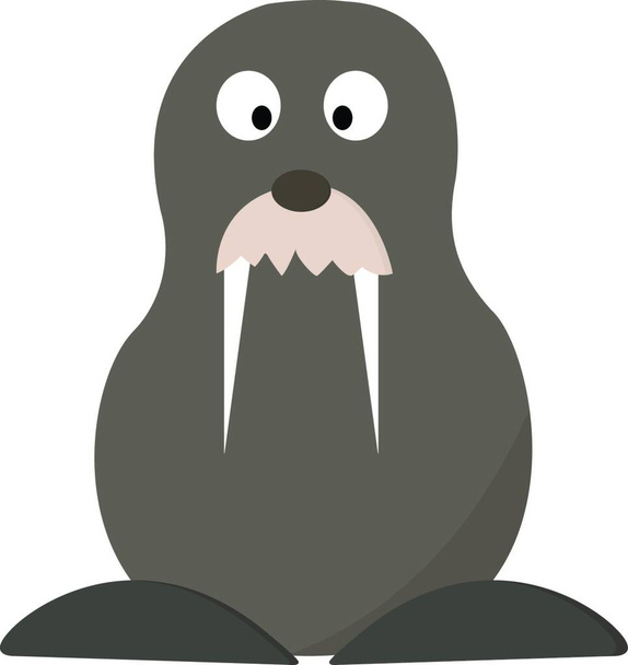 Uma morsa cinzenta com dois dentes longos sentados no desenho ou na ilustração da cor do vetor da costa
 - Vetor, Imagem