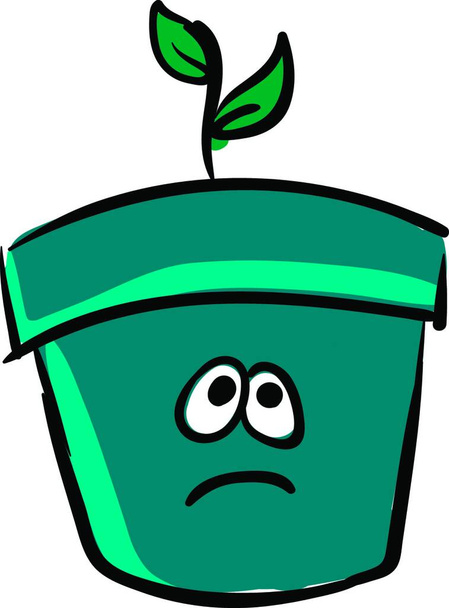Emoji of a small plant with two oval-shaped green plants grown in a blue pot has a cute face with two eyes rolled up expresses sadness, vector, color drawing or illustration. - Vektor, obrázek