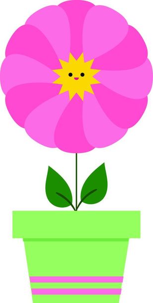 Cartoon picture of the beautiful sunflower in pink color has a cute-little yellow face potted in a green flower pot with two oval-shaped green leaves, vector, color drawing or illustration. - Вектор, зображення
