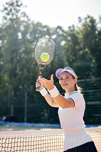 pretty female playing tennis game. Portrait of beautiful woman athlete with tennis racket - Zdjęcie, obraz
