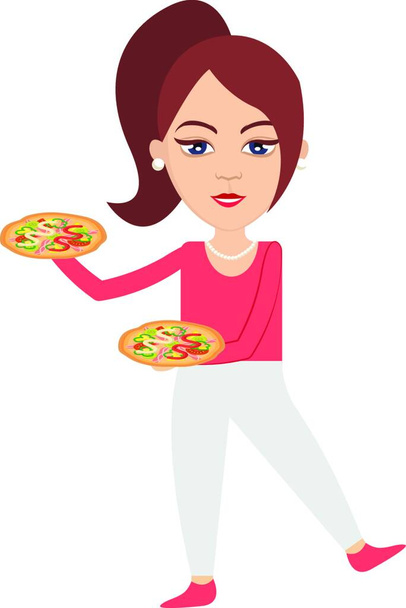 Woman holding pizza, illustration, vector on white background. - Вектор,изображение