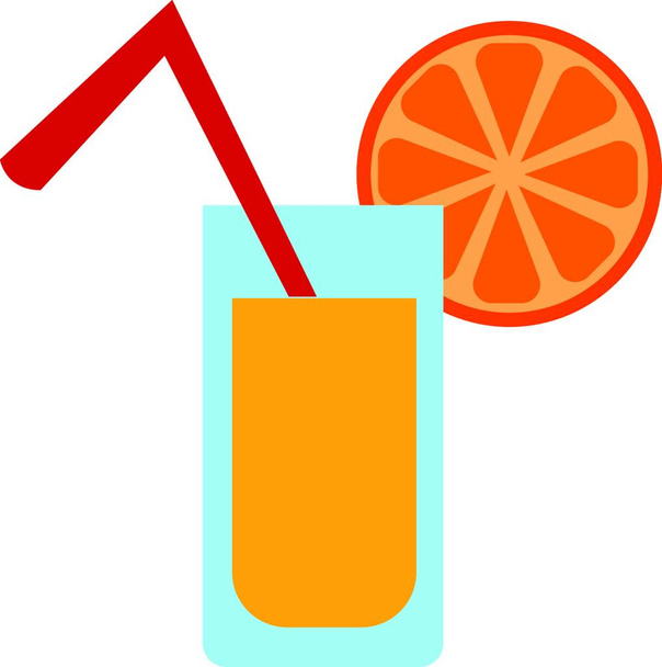 A healthy orange juice in a glass with straw and orange slice, vector, color drawing or illustration. - Vektor, obrázek